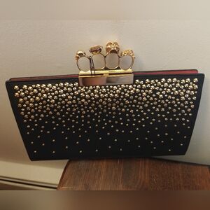 Alexander McQueen Black Studded Knuckle-Handle Clutch with Gold Hardware